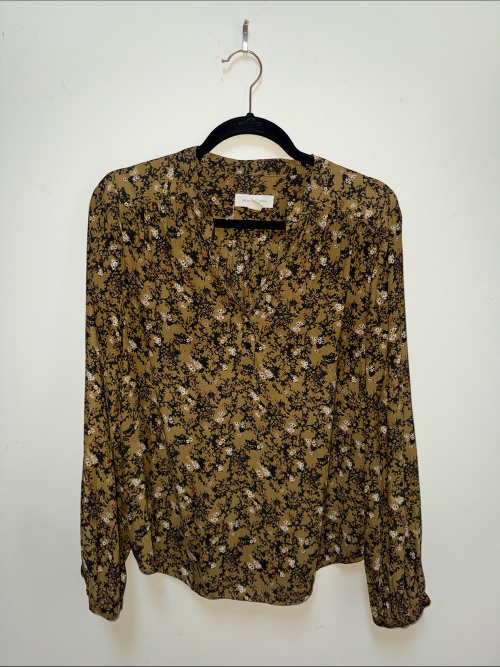 Treasure & Bond Olive Floral Button-Down Blouse